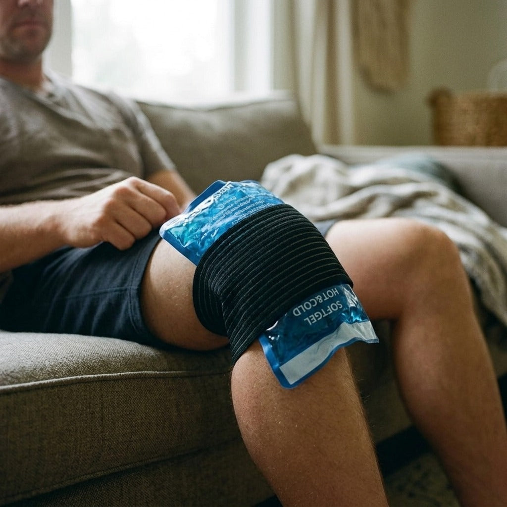 Reusable Hot and Cold Gel Pack with Strap - in use