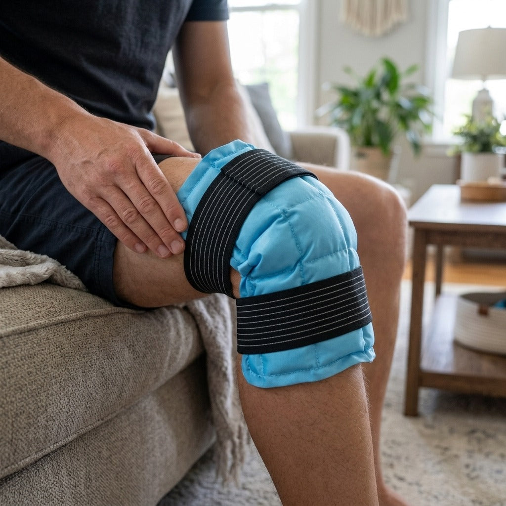 Reusable Hot and Cold Knee Therapy Wrap - in use