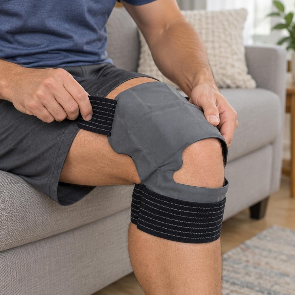 Reusable Knee Hot and Cold Gel Pack Wrap - in use