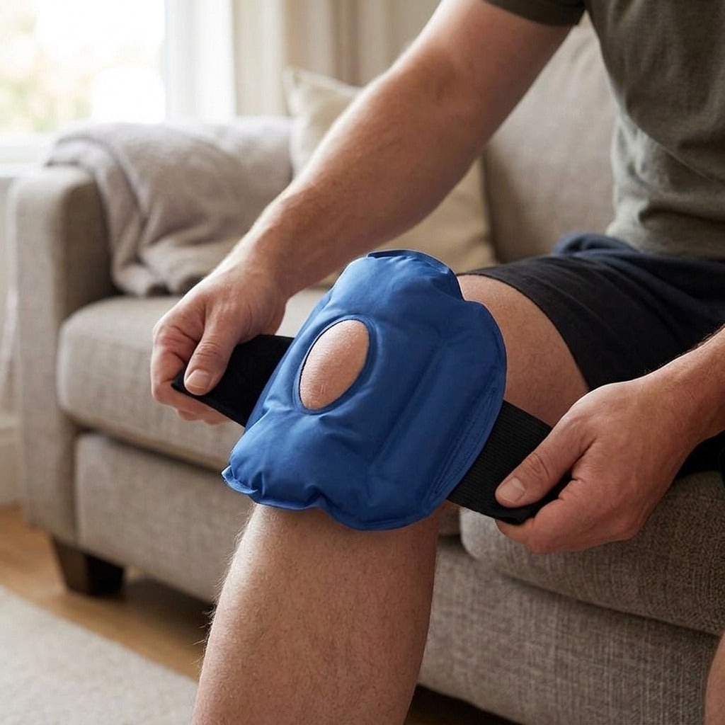 Reusable Knee Ice Pack Wrap for Cold Therapy - in use