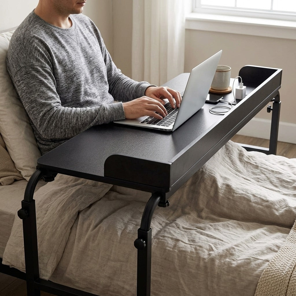 Rolling Overbed Table with Power Socket - in use