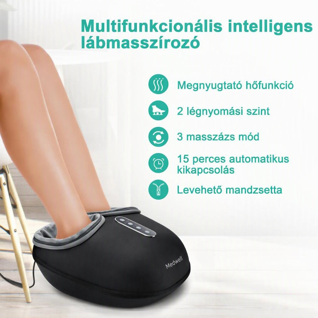 Fekete Medwell elektromos lábmasszírozó gép működés közben a funkciók felsorolásával.