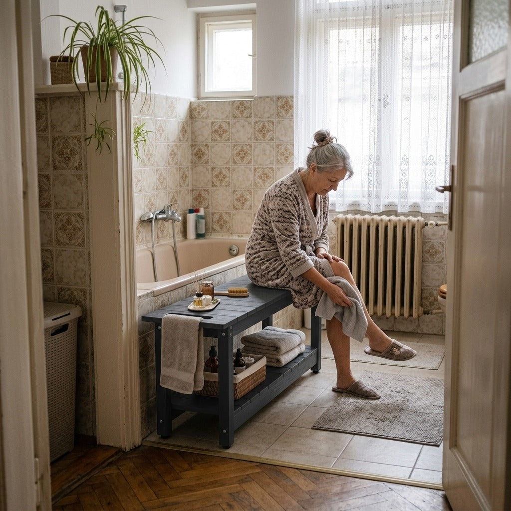 Zuhanypad tárolópolccal és kapaszkodókkal - otthon