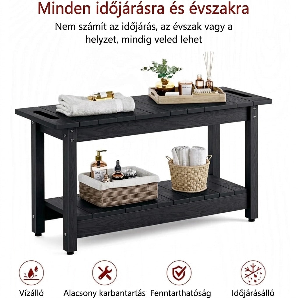Zuhanypad tárolópolccal és kapaszkodókkal