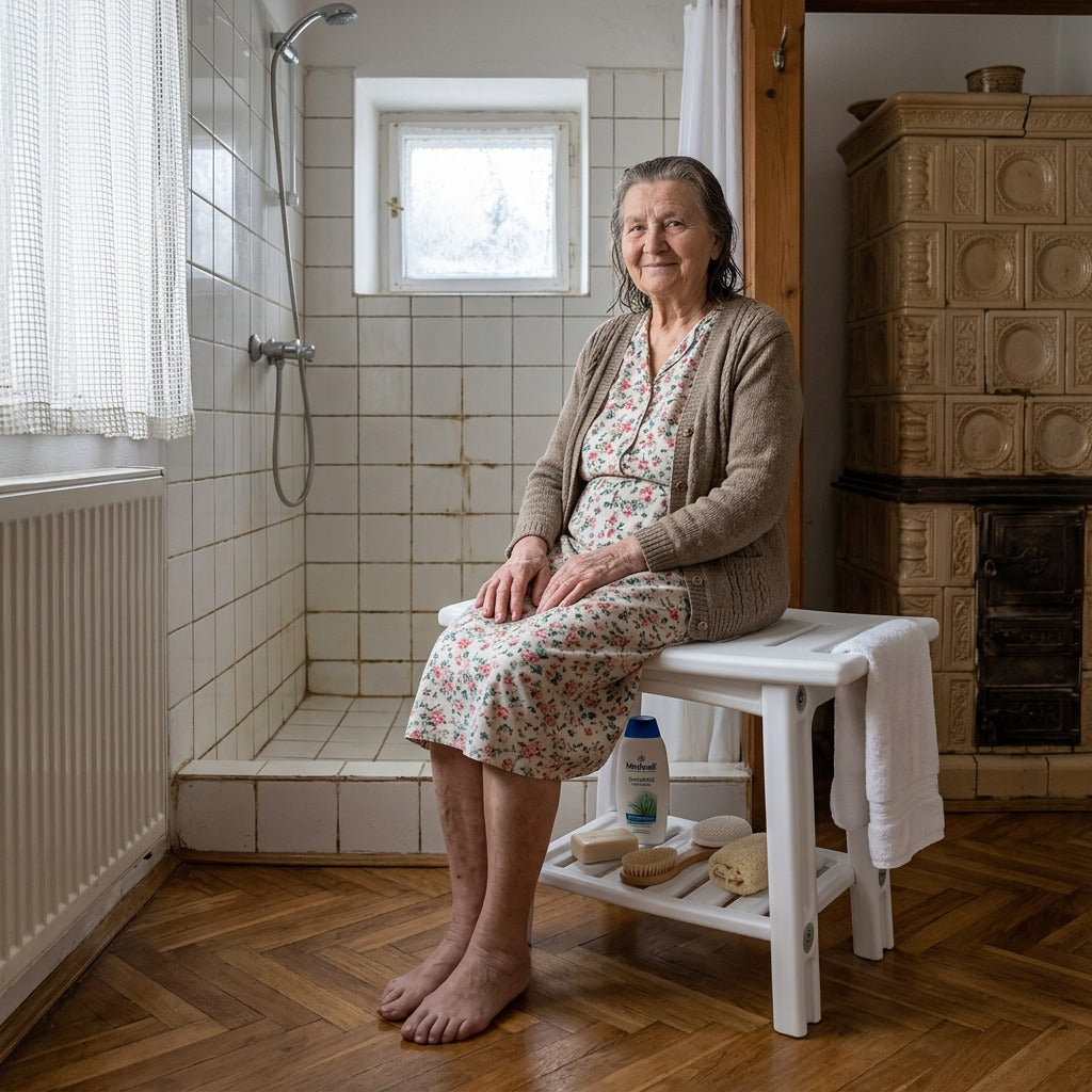 Zuhanypad két tárolóhellyel és két kapaszkodóval - a mindennapokban