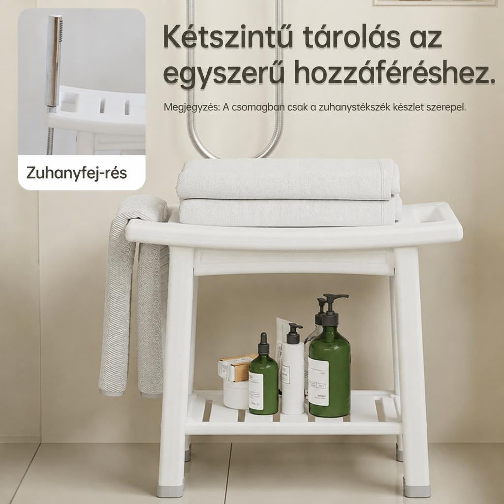 Kétszintű fehér zuhanyszék törölközőkkel és tisztálkodószerekkel a fürdőszobában.