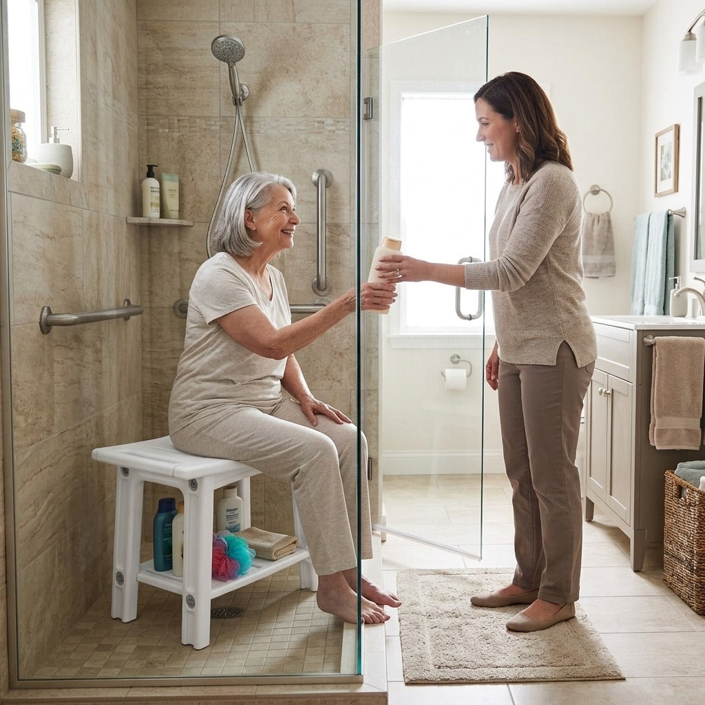 Shower Bench with Two-Tier Storage - in everyday life
