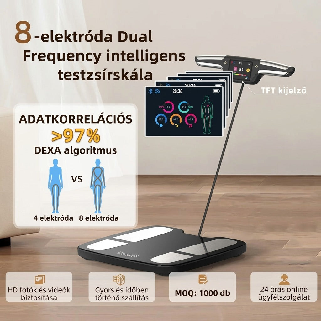Medwell okos testzsírmérleg TFT kijelzővel és 8 elektródás Dual Frequency technológiával.