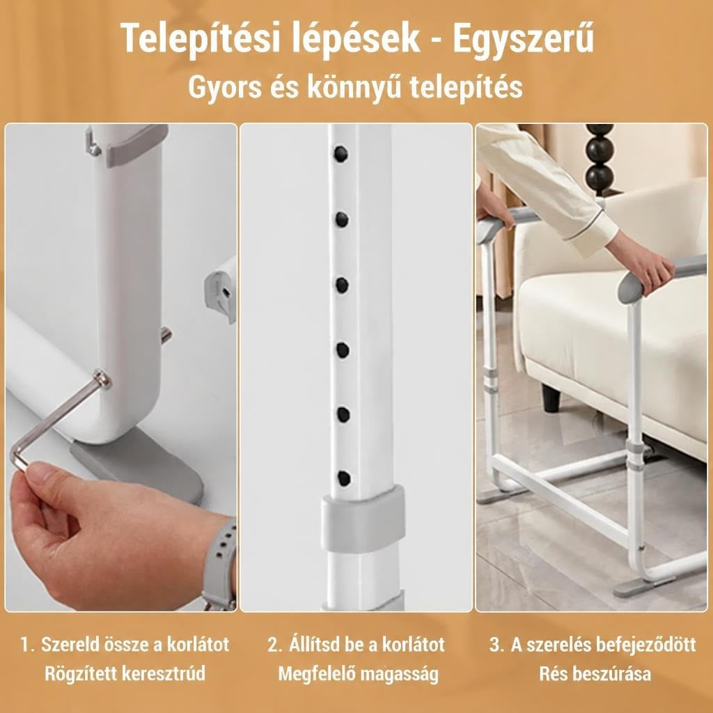 Kapaszkodó egyszerű telepítésének három lépése bemutatva képeken.