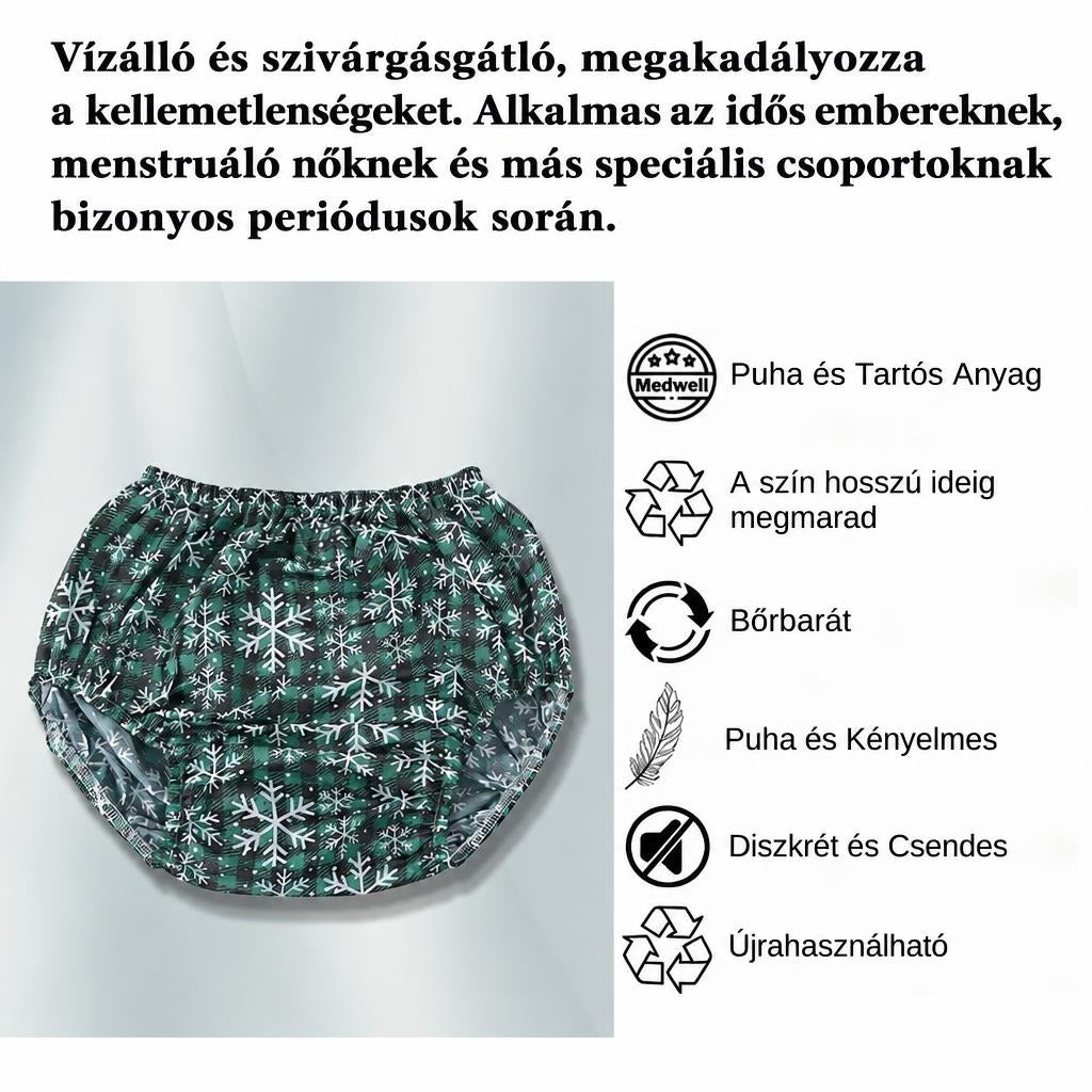 Vízálló felnőtt pelenkanadrág zöld hópehelymintával és termékjellemzőkkel.
