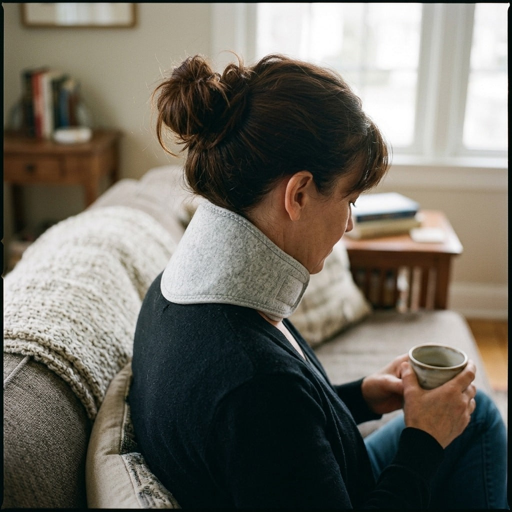 Soft Neck Heating Pad and Cervical Support Collar - in use