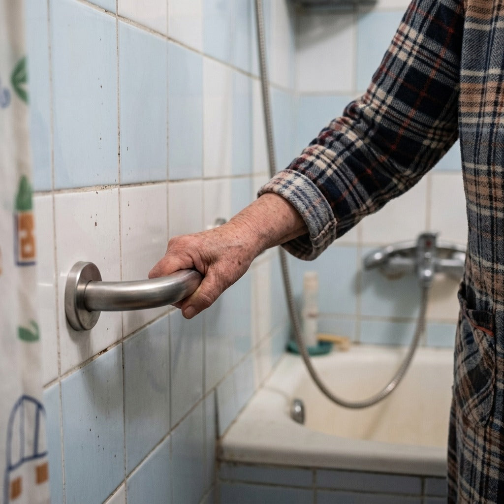 Rozsdamentes acél fürdőszobai kapaszkodó - használat közben