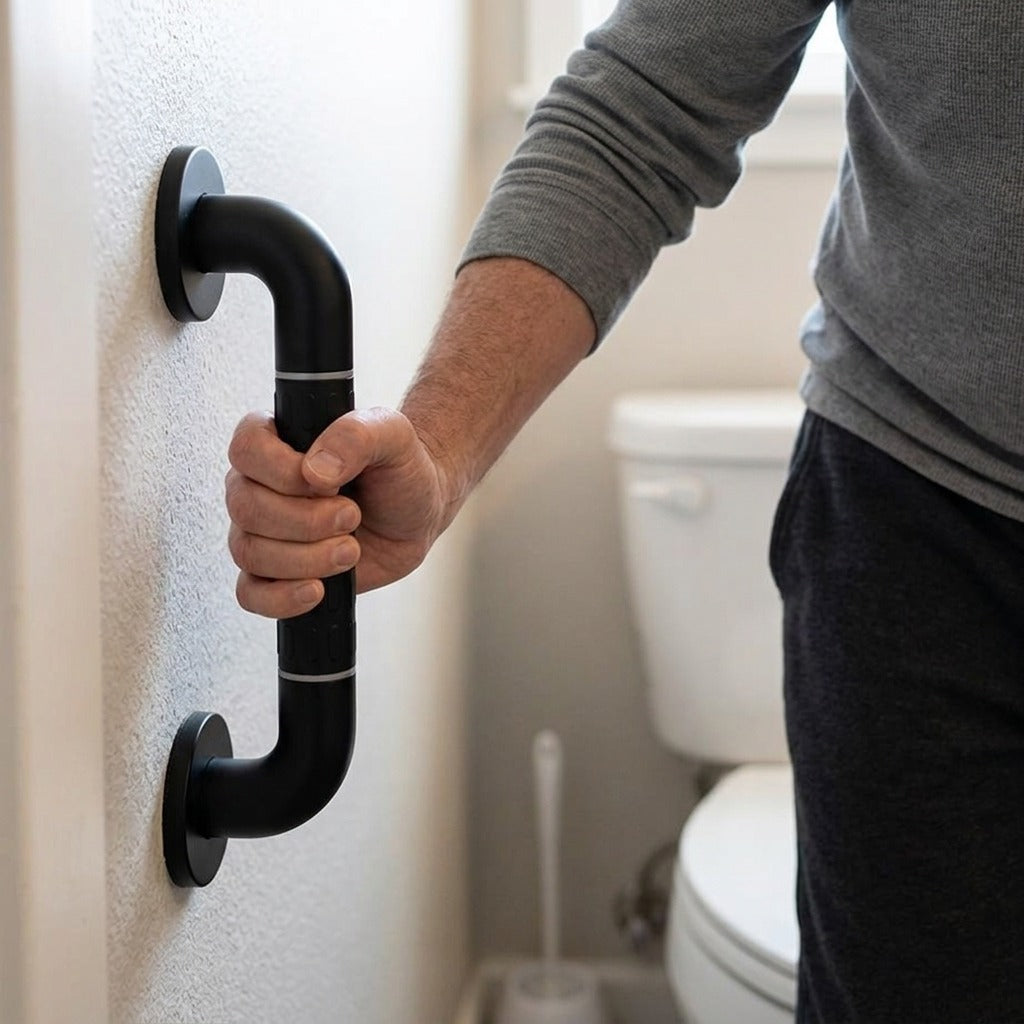 Stainless Steel Bathroom Handrail with Non-Slip Handle - in use