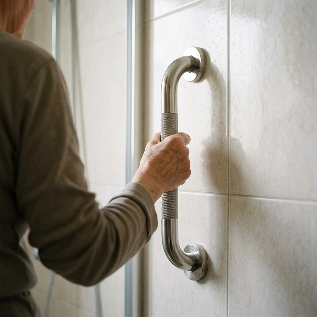 Stainless Steel Wall-Mounted Bathroom Grab Bar - in use