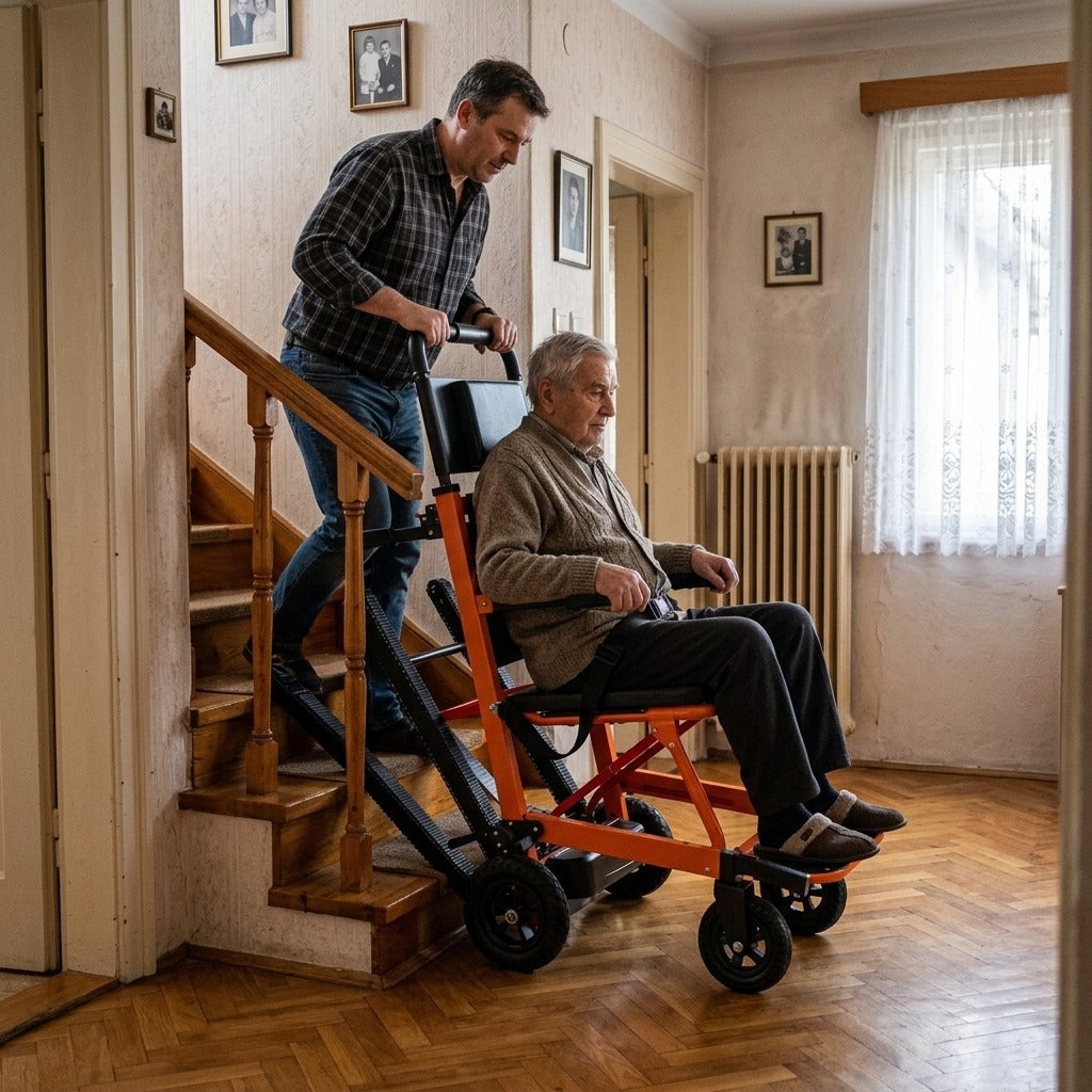 Lépcsőzőszék állítható háttámlával és karfával - otthon