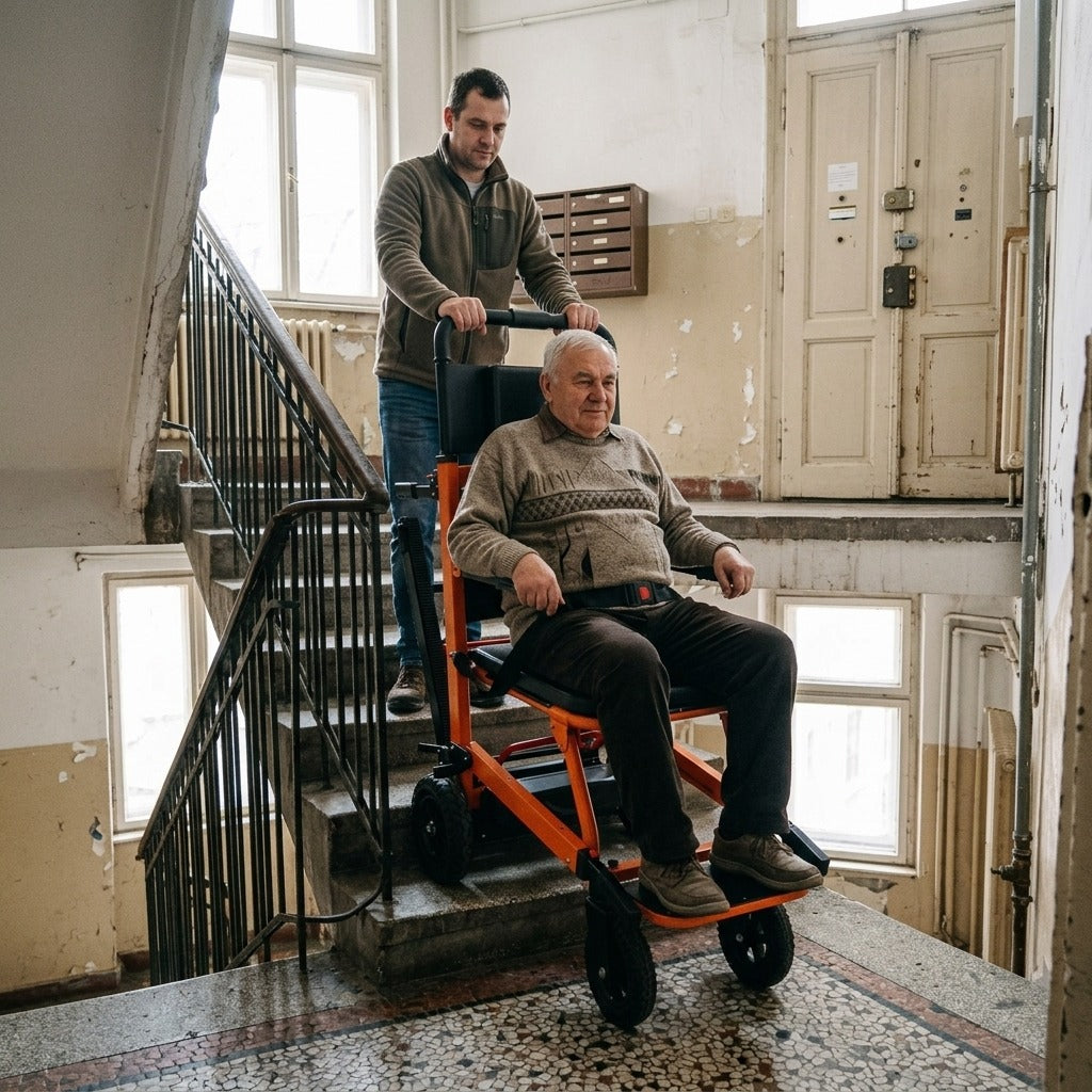 Lépcsőzőszék állítható háttámlával és karfával - a mindennapokban