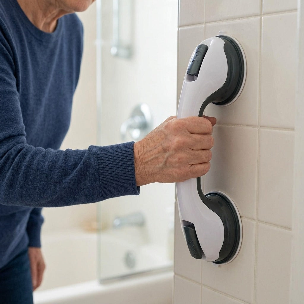 Straight Shower Safety Handle with Double-Lock Vacuum Disc - in use