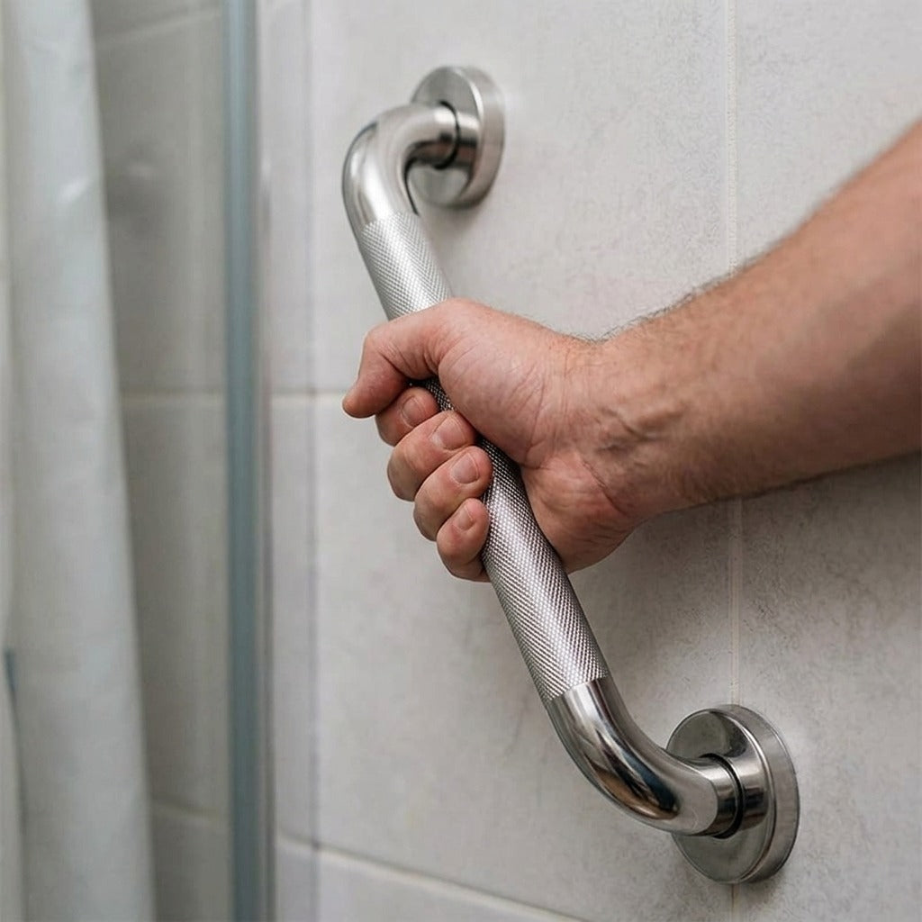 Straight Stainless Steel Bathroom Grab Bar - in use