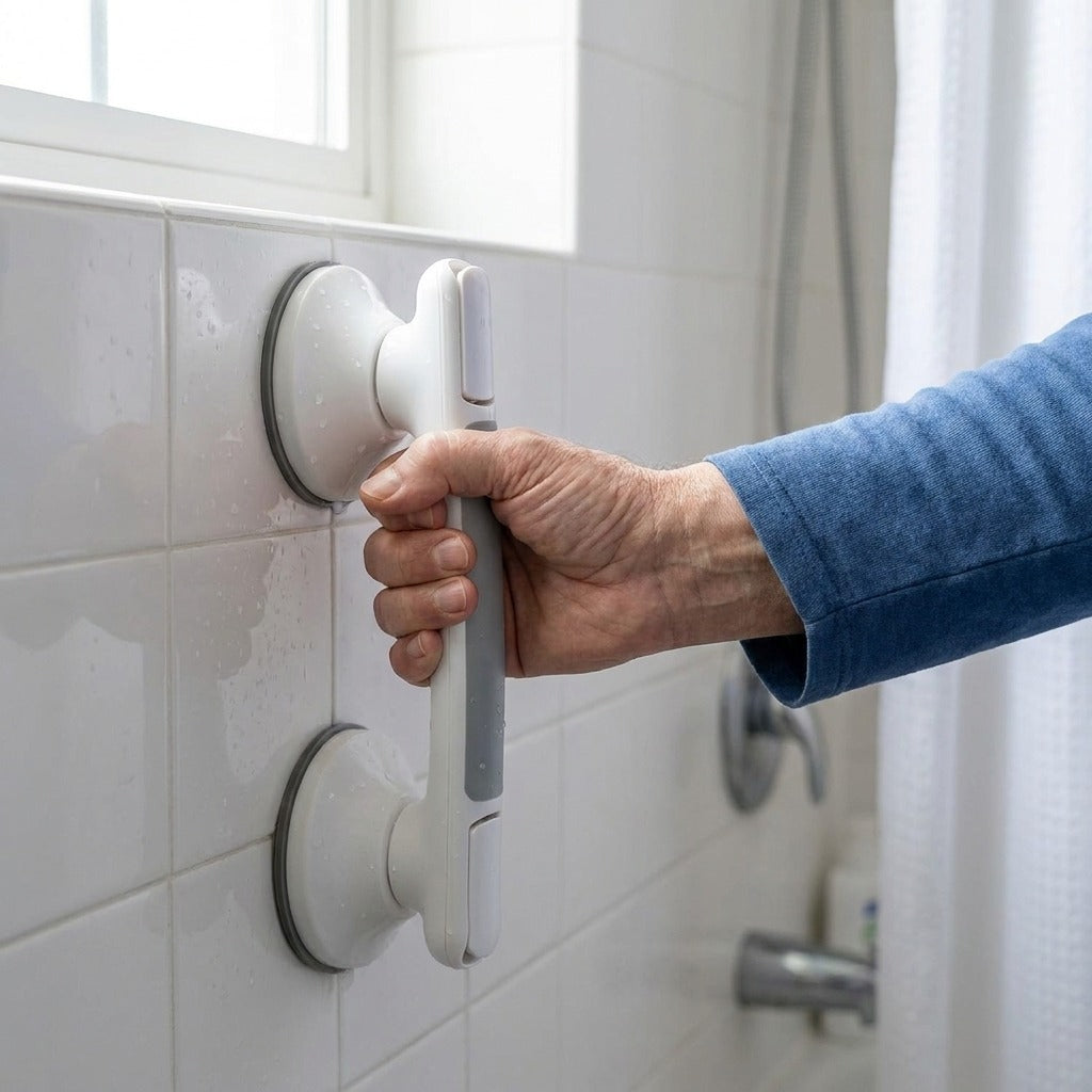 Straight Suction Cup Shower Grab Bar - in use