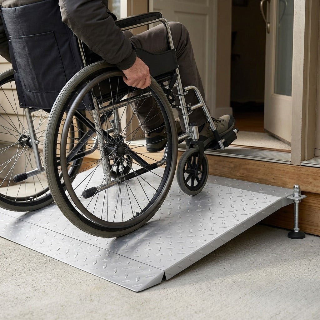 Medwell Aluminum Wheelchair Ramp, 42.5 x 23.2 in, 1000 lbs Capacity - in use