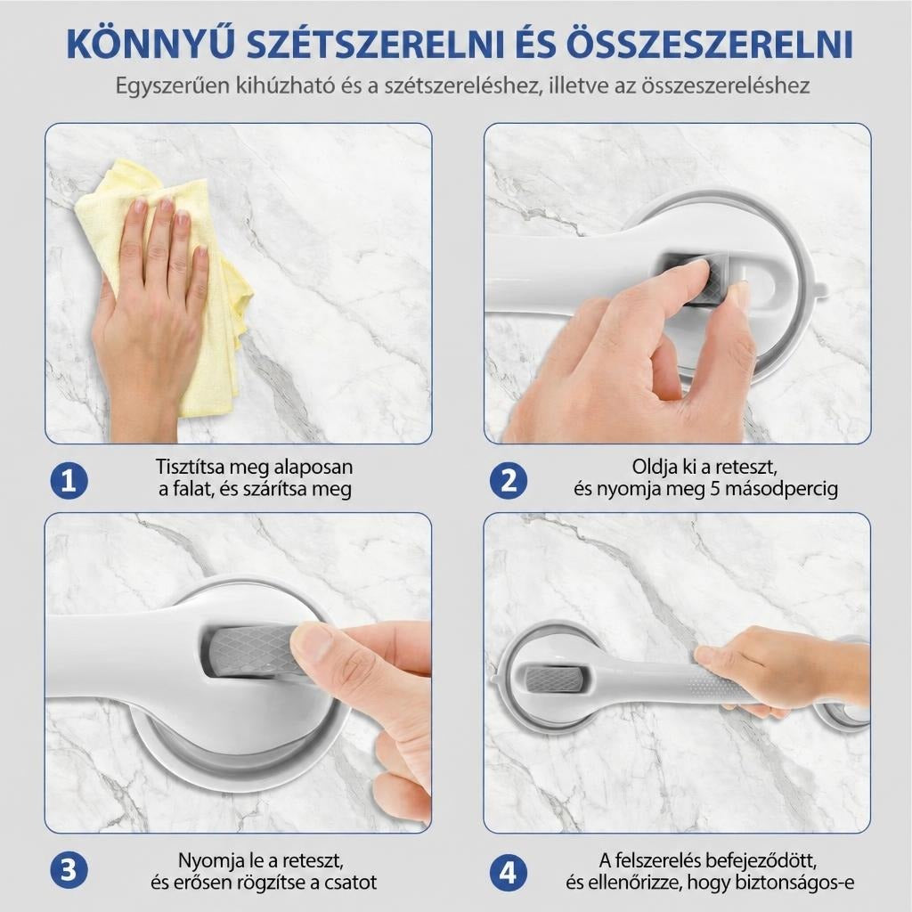 A vákuumos kapaszkodó felszerelésének és rögzítésének négy lépése.