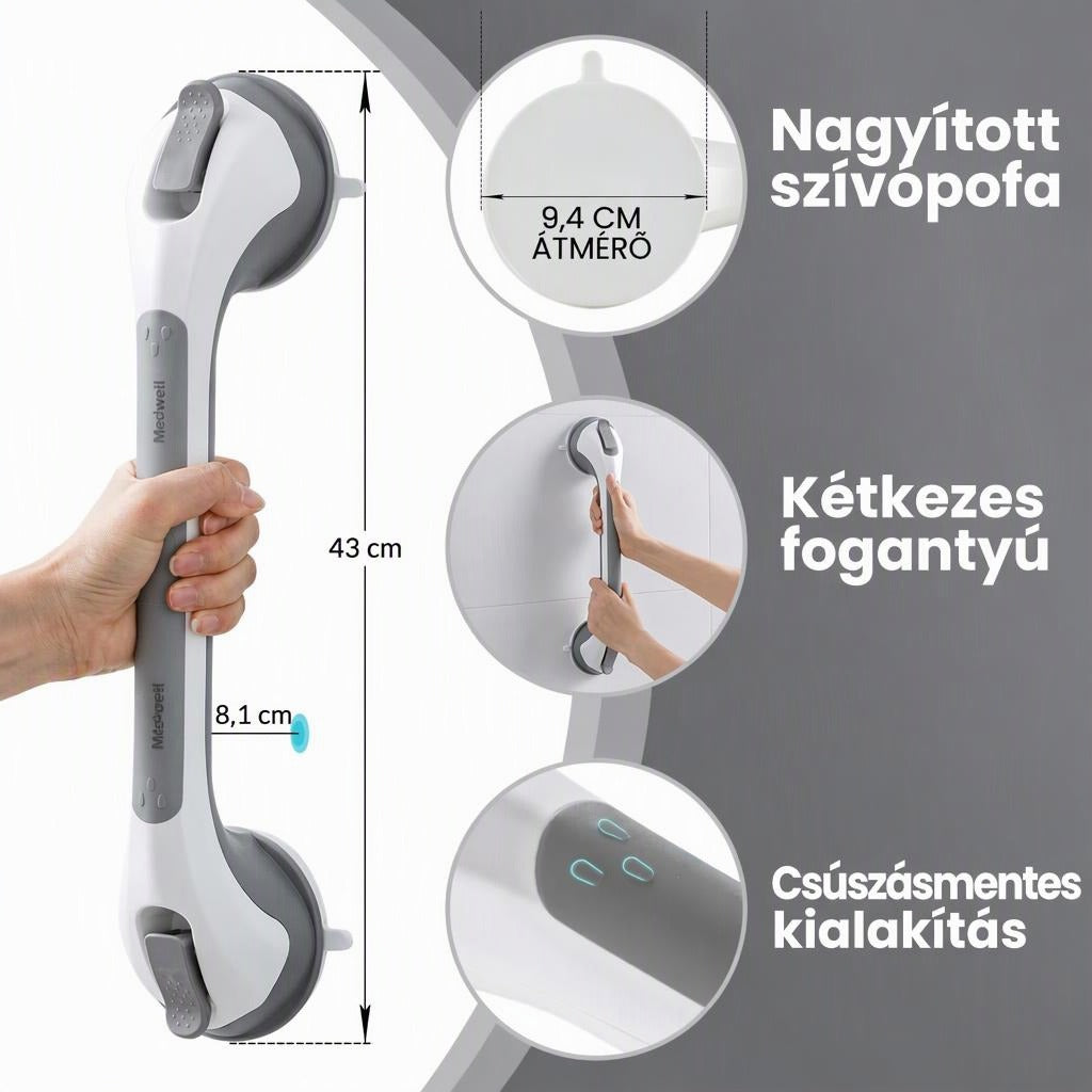 Vákuumos kapaszkodó méretei és jellemzői: 43 cm hosszúság, 9,4 cm-es tapadókorongok és csúszásmentes fogantyú.