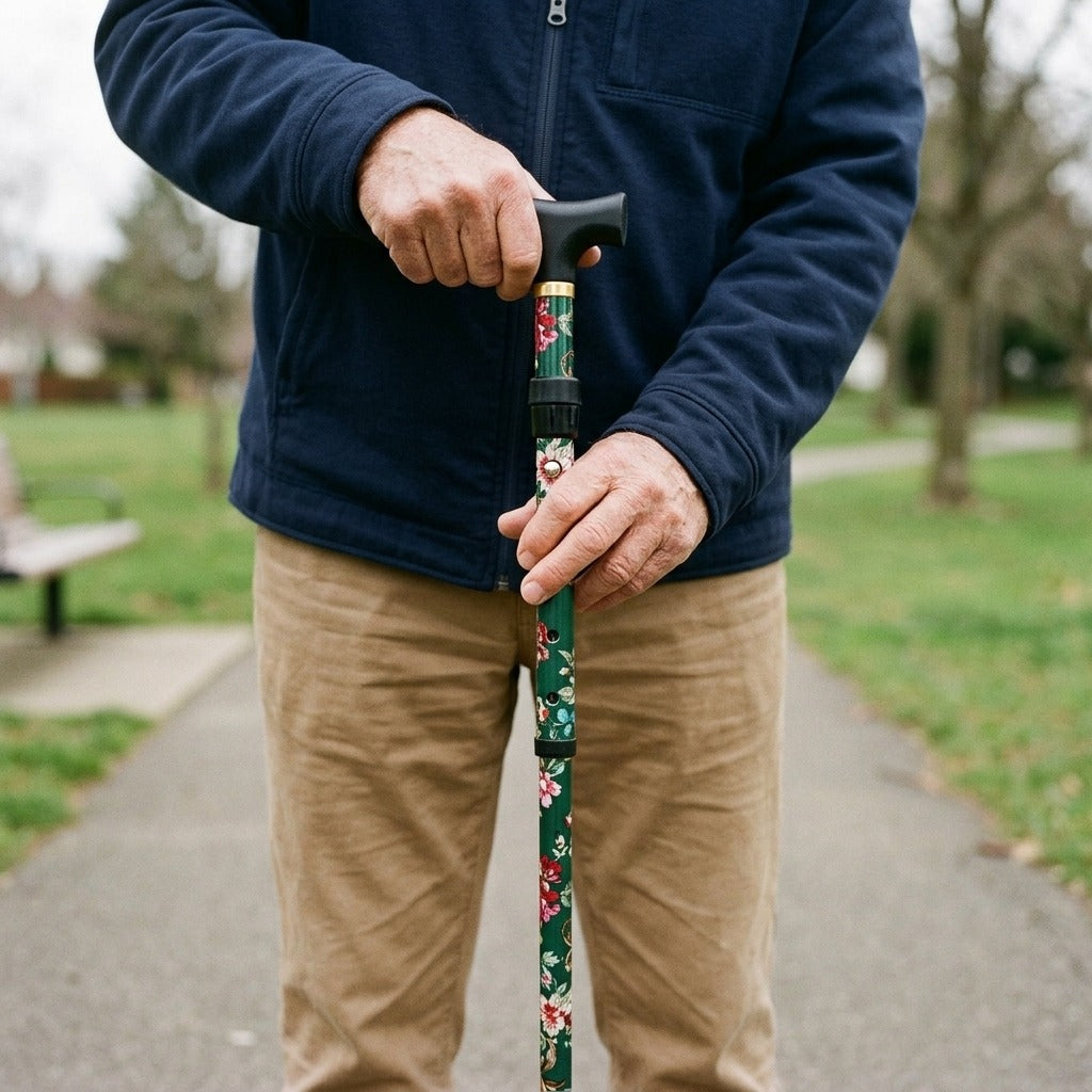 Telescopic Folding Walking Stick with Rubber Tip - in use