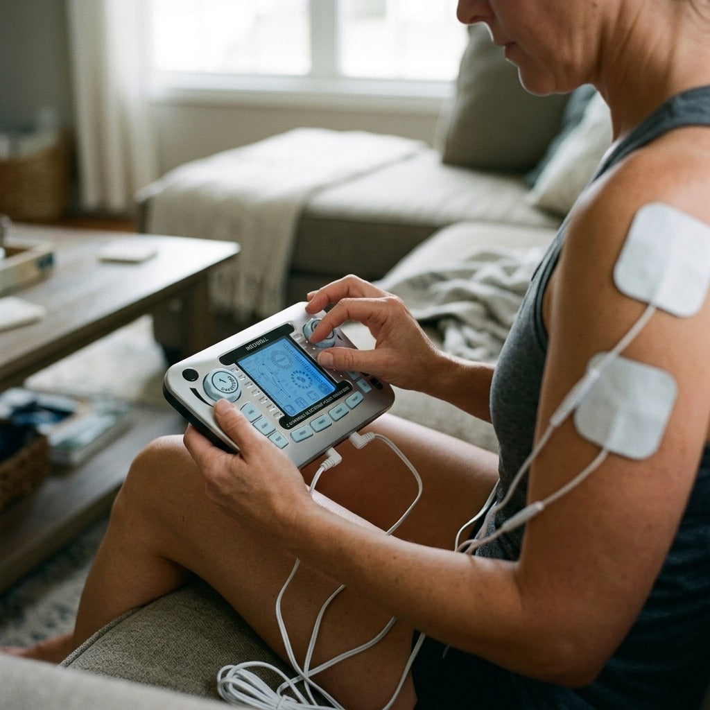 TENS and EMS Muscle Stimulator with Pads - in use