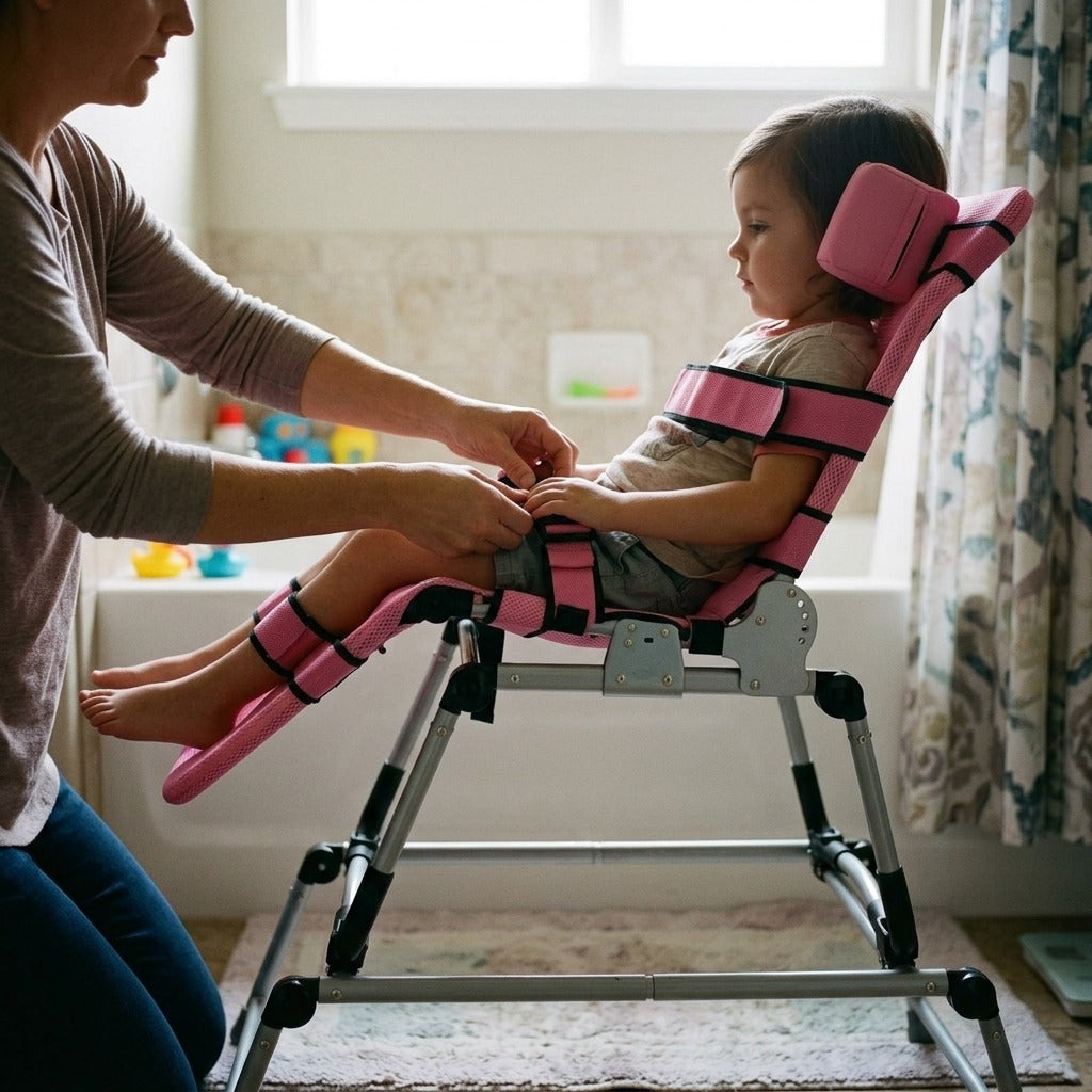 Tilted Pediatric Bath Chair with Head Support - in use