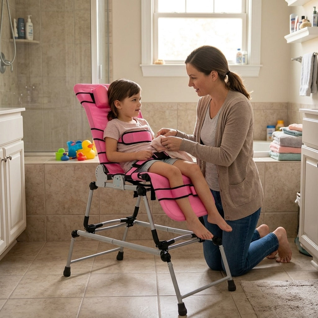 Tilted Pediatric Bath Chair with Head Support - at home