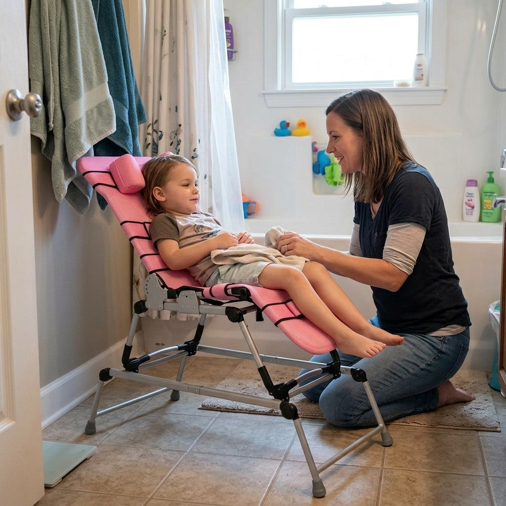 Tilted Pediatric Bath Chair with Head Support - in everyday life