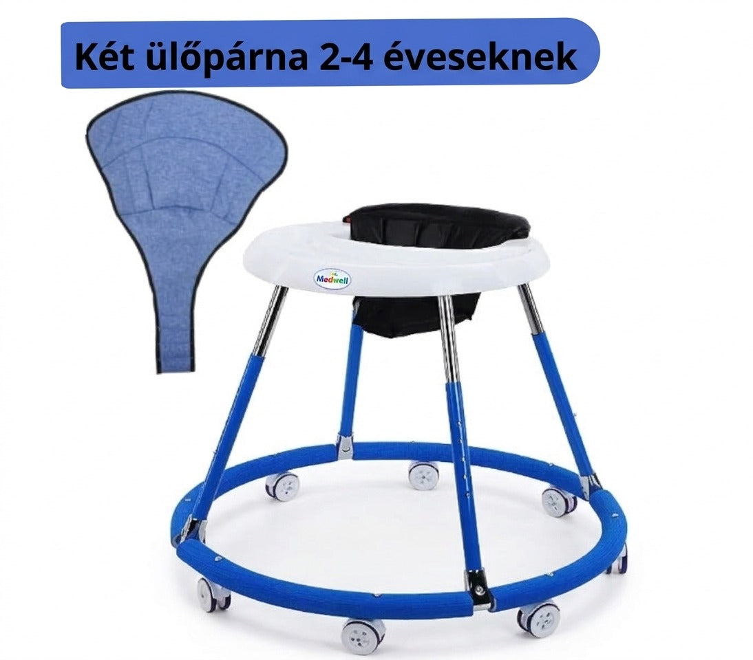 Kék-fehér bébikomp kerekekkel és külön kék ülőpárnával.