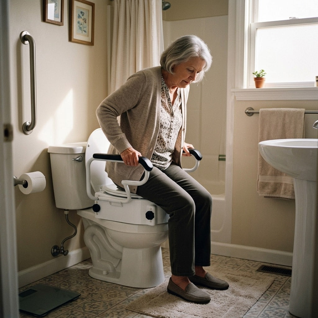Toilet Height Enhancer with Handrails - at home