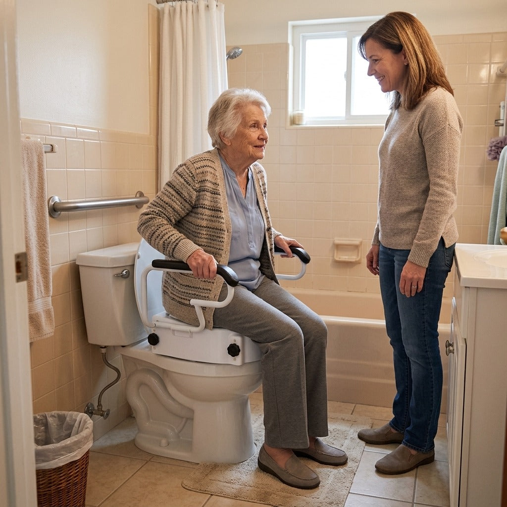 Toilet Height Enhancer with Handrails - in everyday life