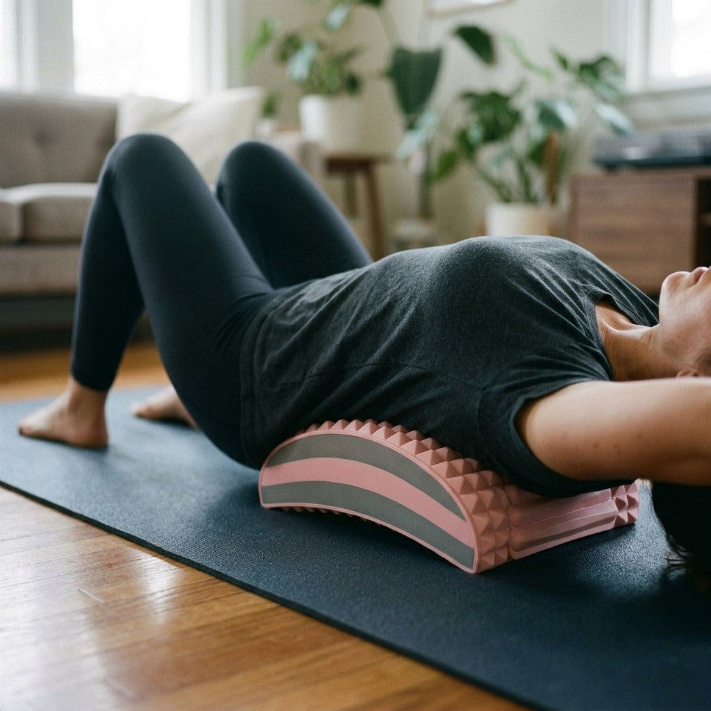 TPE Lumbar Back Stretcher with EVA Neck and Spine Support - in use