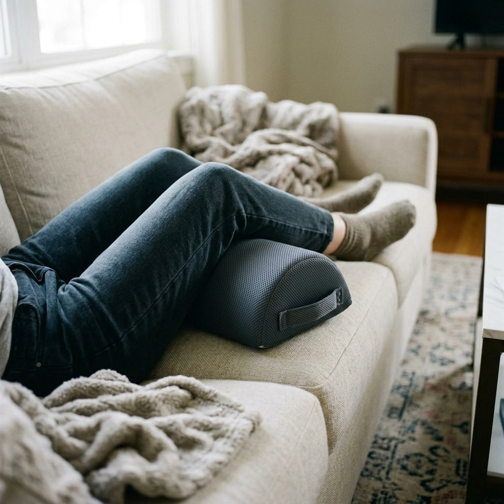 Under Knee Footrest Pillow, Ergonomic Half Moon Bolster - in use