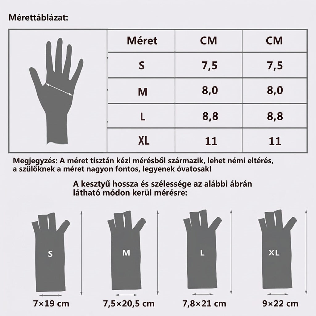 Mérettáblázat és kesztyű hossz-szélesség mérésigálással