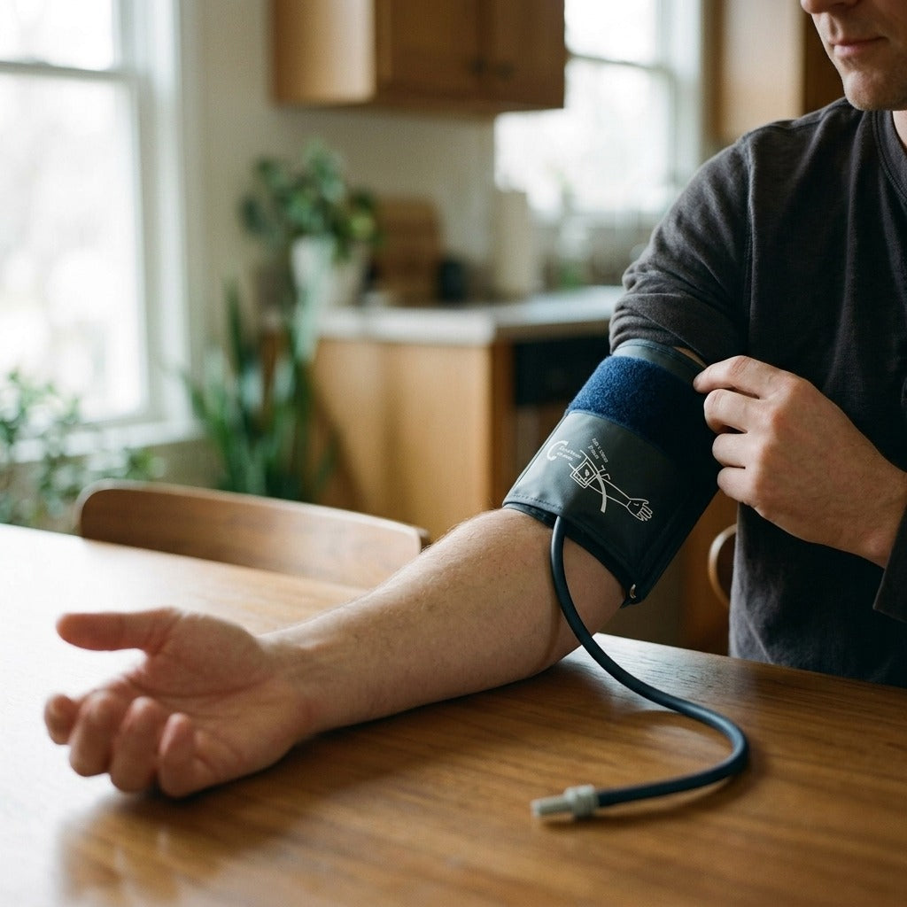 Upper-Arm Blood Pressure Monitor Cuff - in use