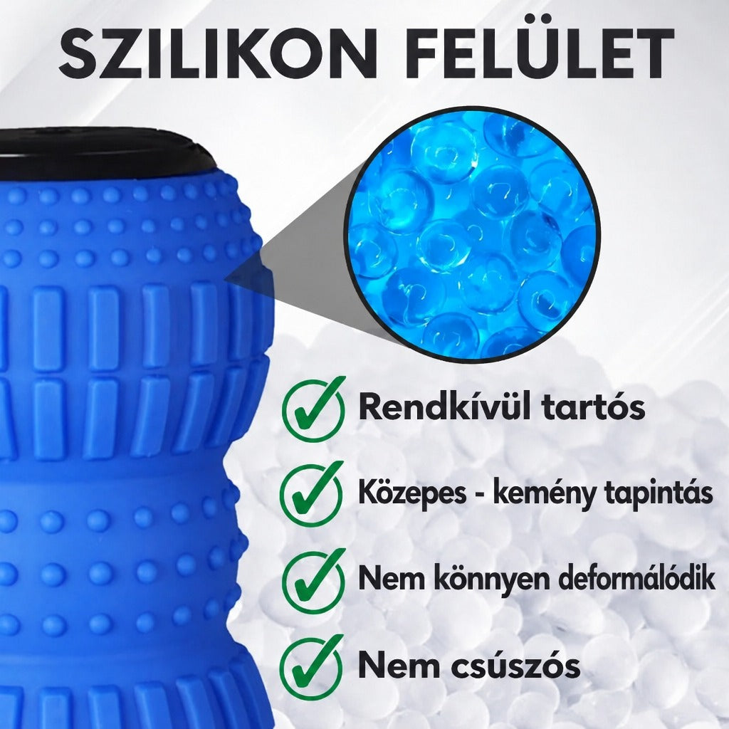 Kék szilikon felületű masszázshenger a termék előnyeit bemutató magyar feliratokkal.