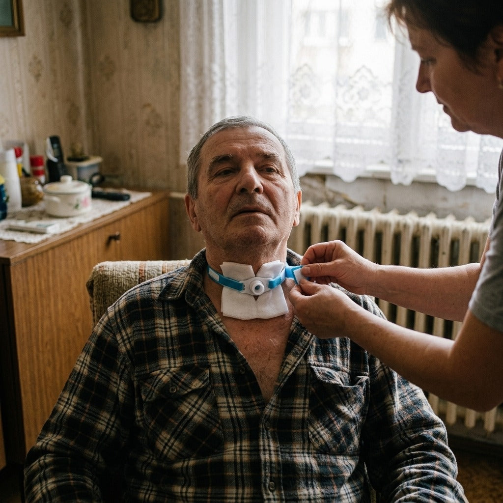 V alakban elővágott tracheostomiás kötszer, steril gézlap - használat közben