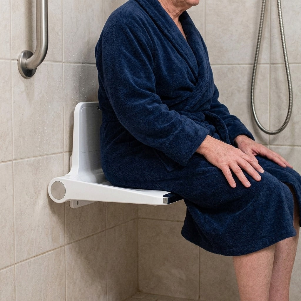 Wall-Mounted Folding Shower Seat, 200 kg Capacity - in use