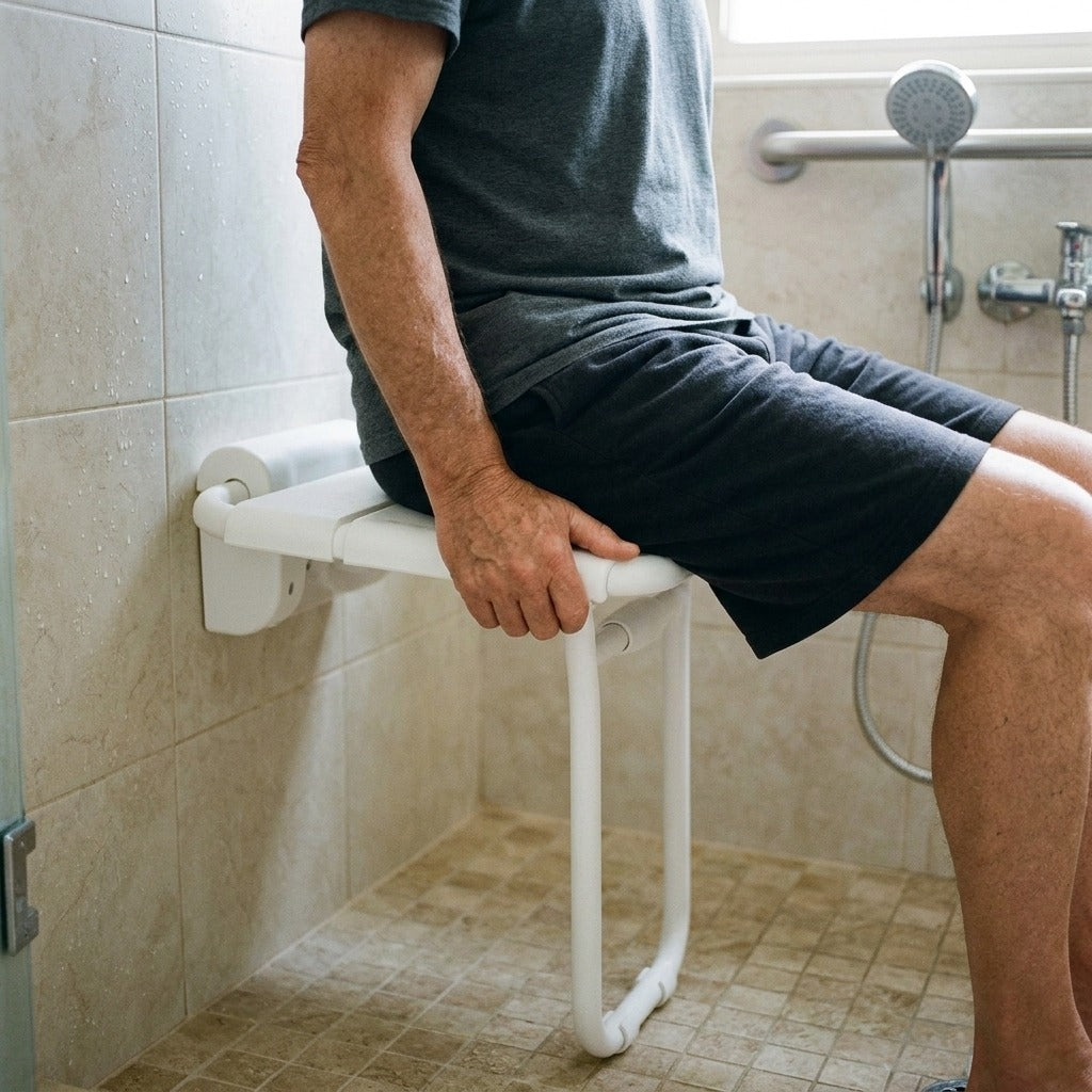 Wall-Mounted Folding Shower Seat with Legs - in use