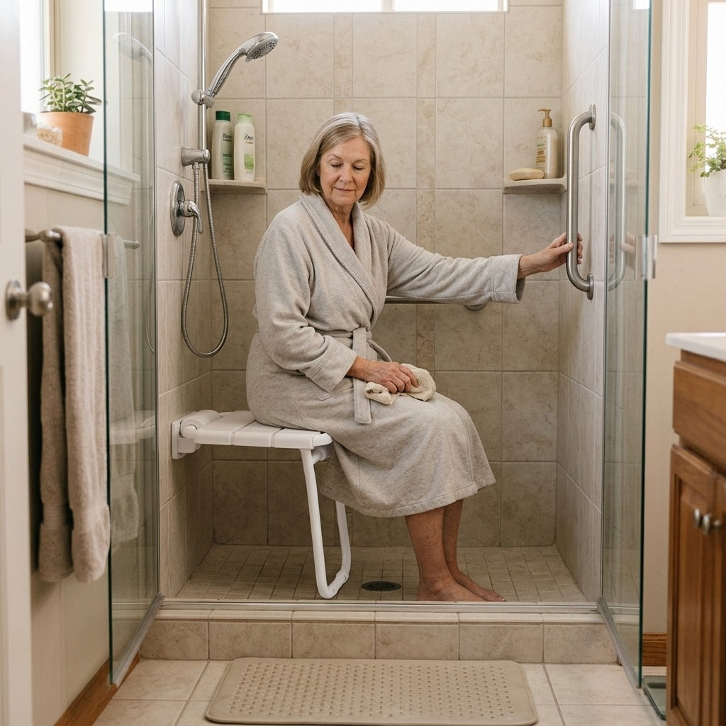 Wall-Mounted Folding Shower Seat with Legs - at home