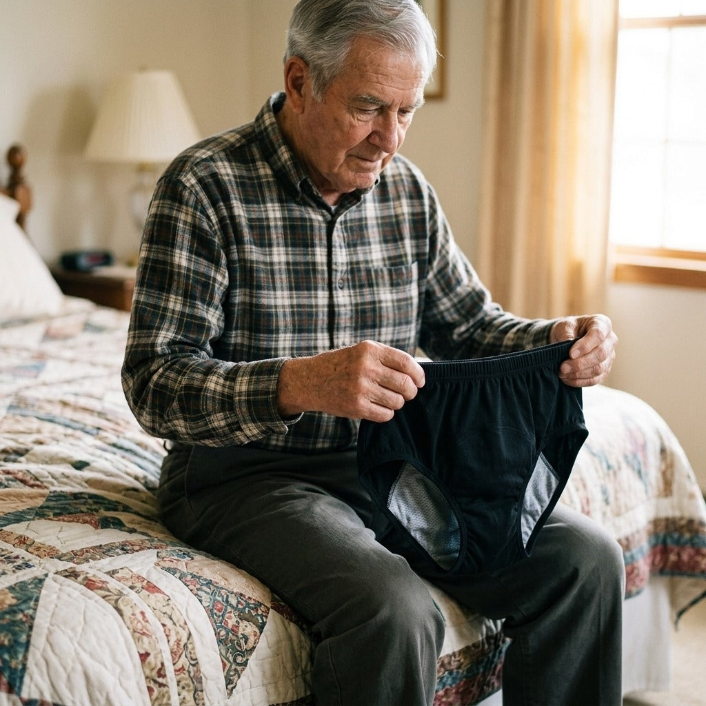 Washable Reusable Incontinence Pants for Men - in use
