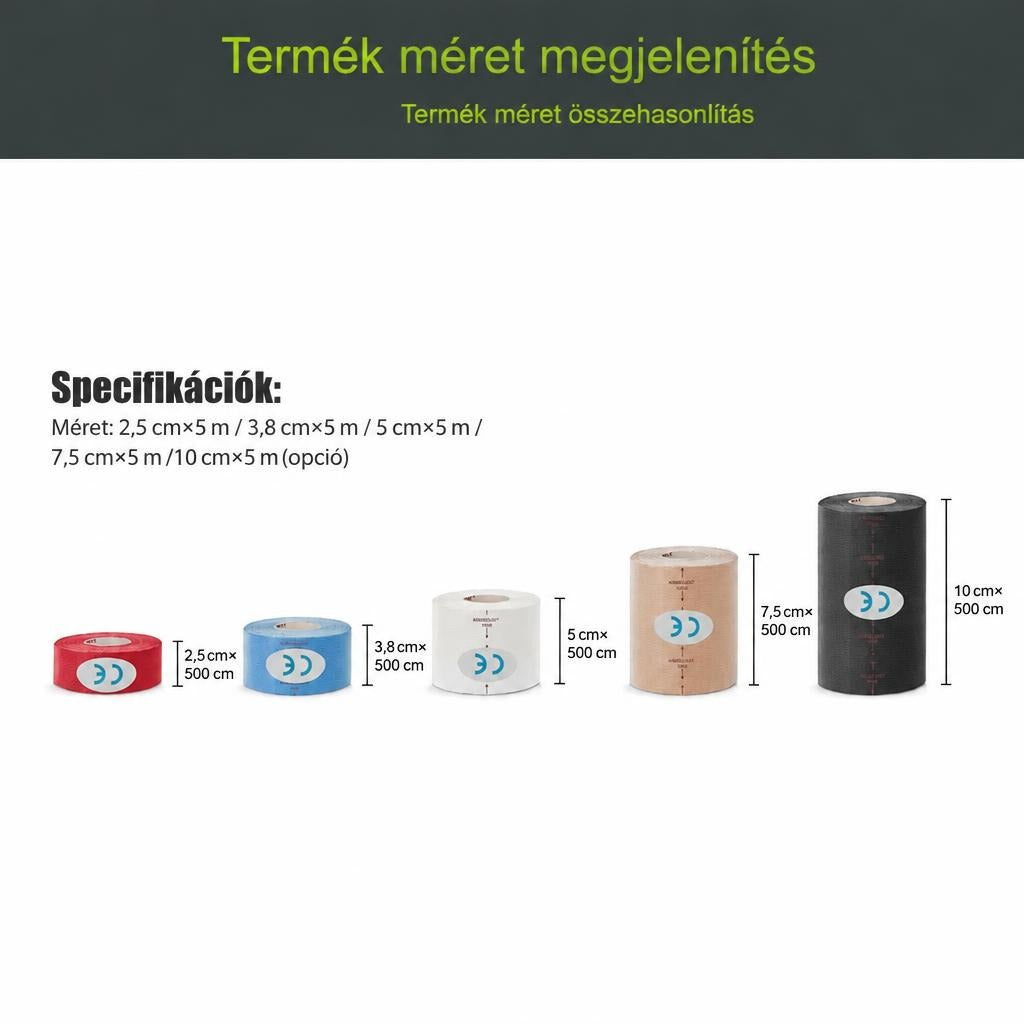 Különböző méretű kineziológiai szalagtekercsek egymás melletti összehasonlítása és méretei.