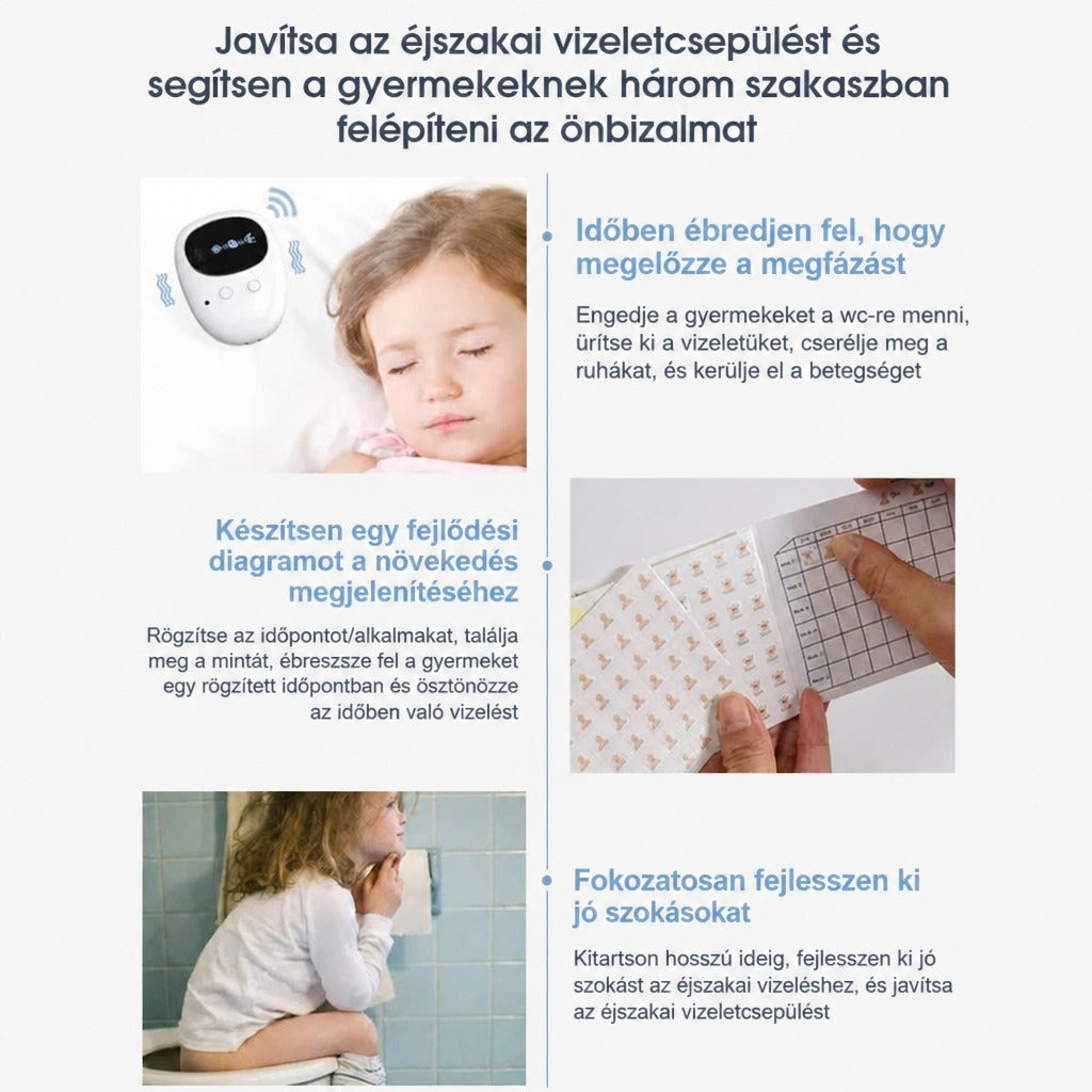 Gyermekkori éjszakai vizeletcsepegés kezelésének lépései alvással és jutalmazó diagrammal.