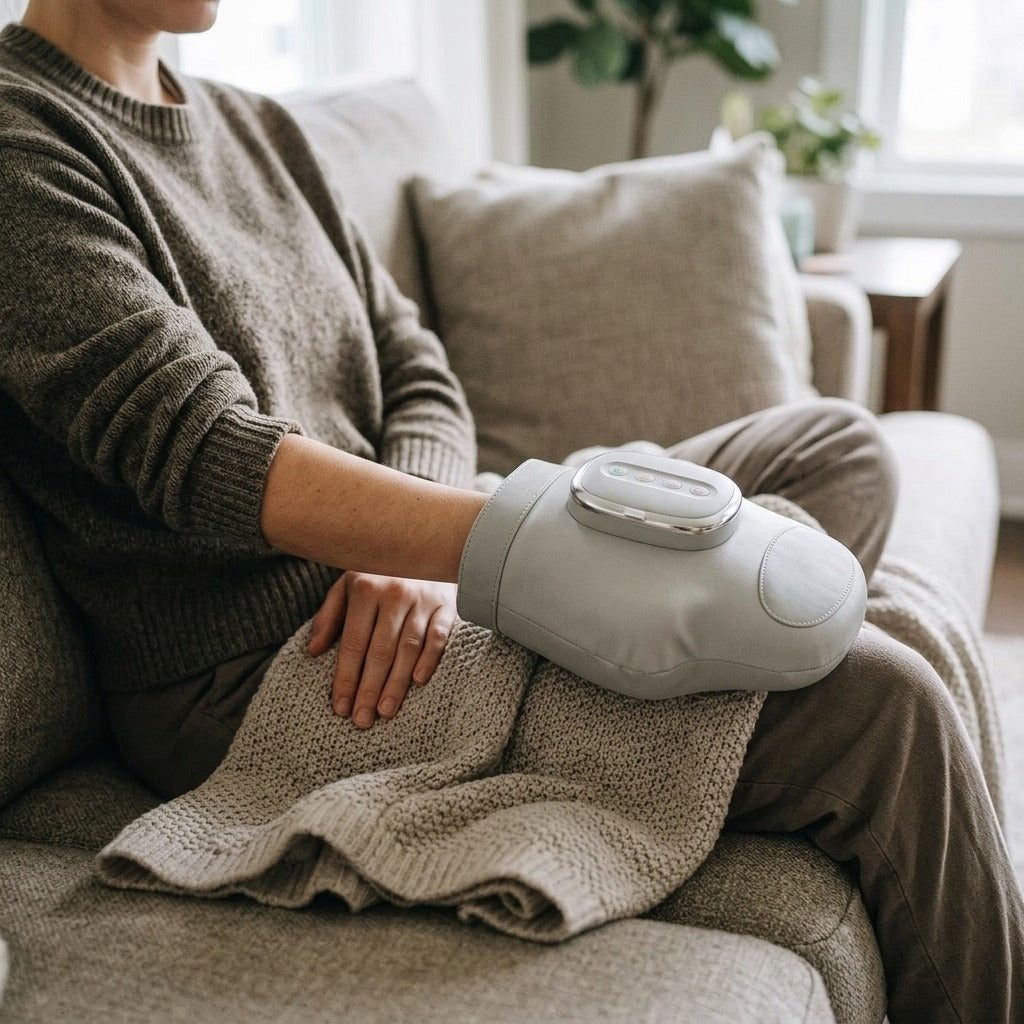 Wireless Hand Massager with Adjustable Compression - in use
