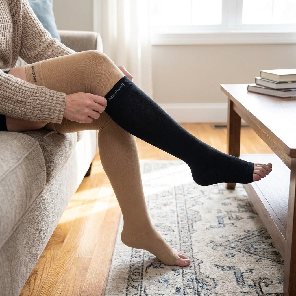 Women’s Open-Toe Thigh-High Stockings 15–21 mmHg - in use
