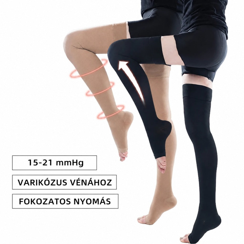 Kompressziós combharisnya fekete és testszínű változatban fokozatos nyomással visszerekre.