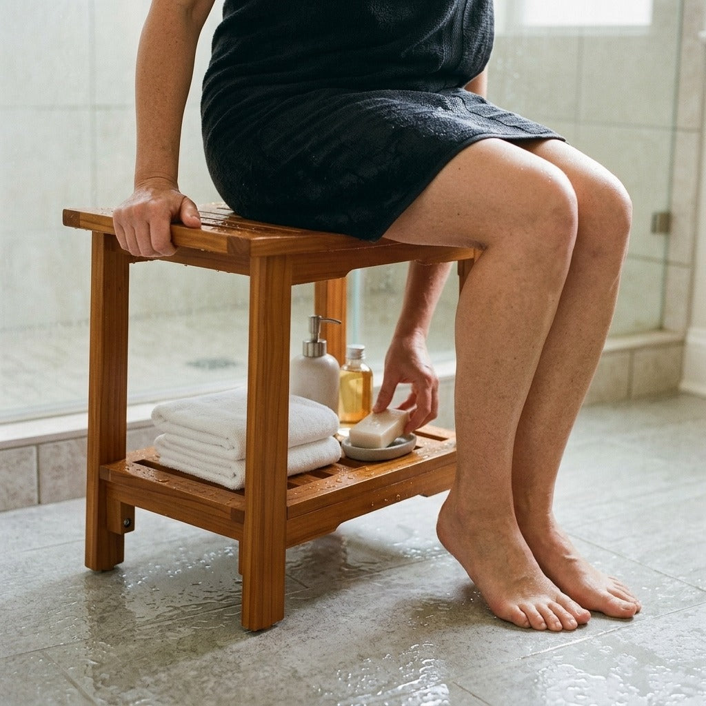Wooden Shower Stool with Storage Shelf and Handles, 300 lbs - in use